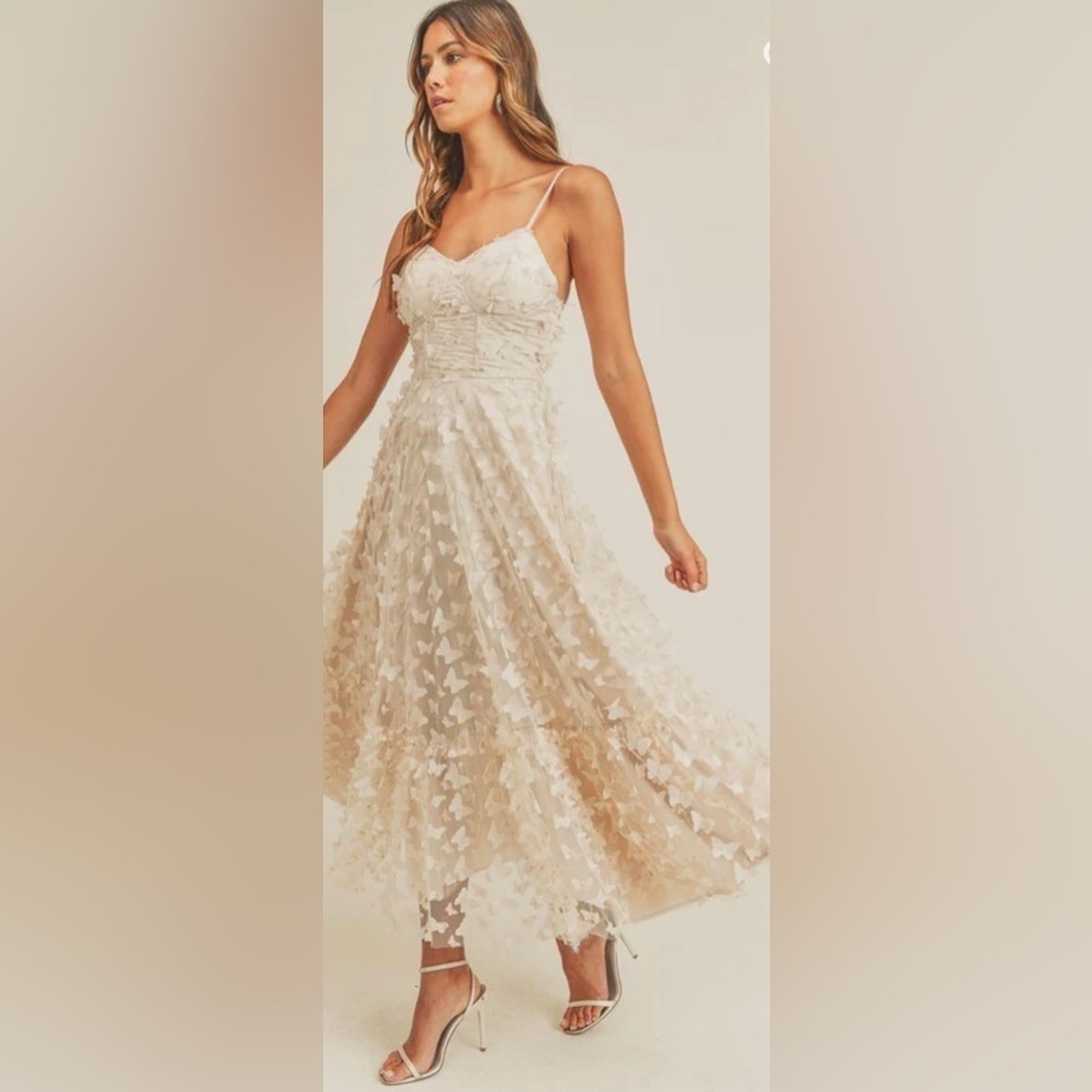 NWT Thirty/Thirty LA Butterfly Mesh Lace Up Midi Dress - Cream. Size Small